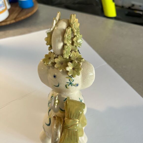A decorated Elephant? Ceramic. Pink ears. Nose in air. Flowers on trunk. Eyelash - Picture 9 of 14